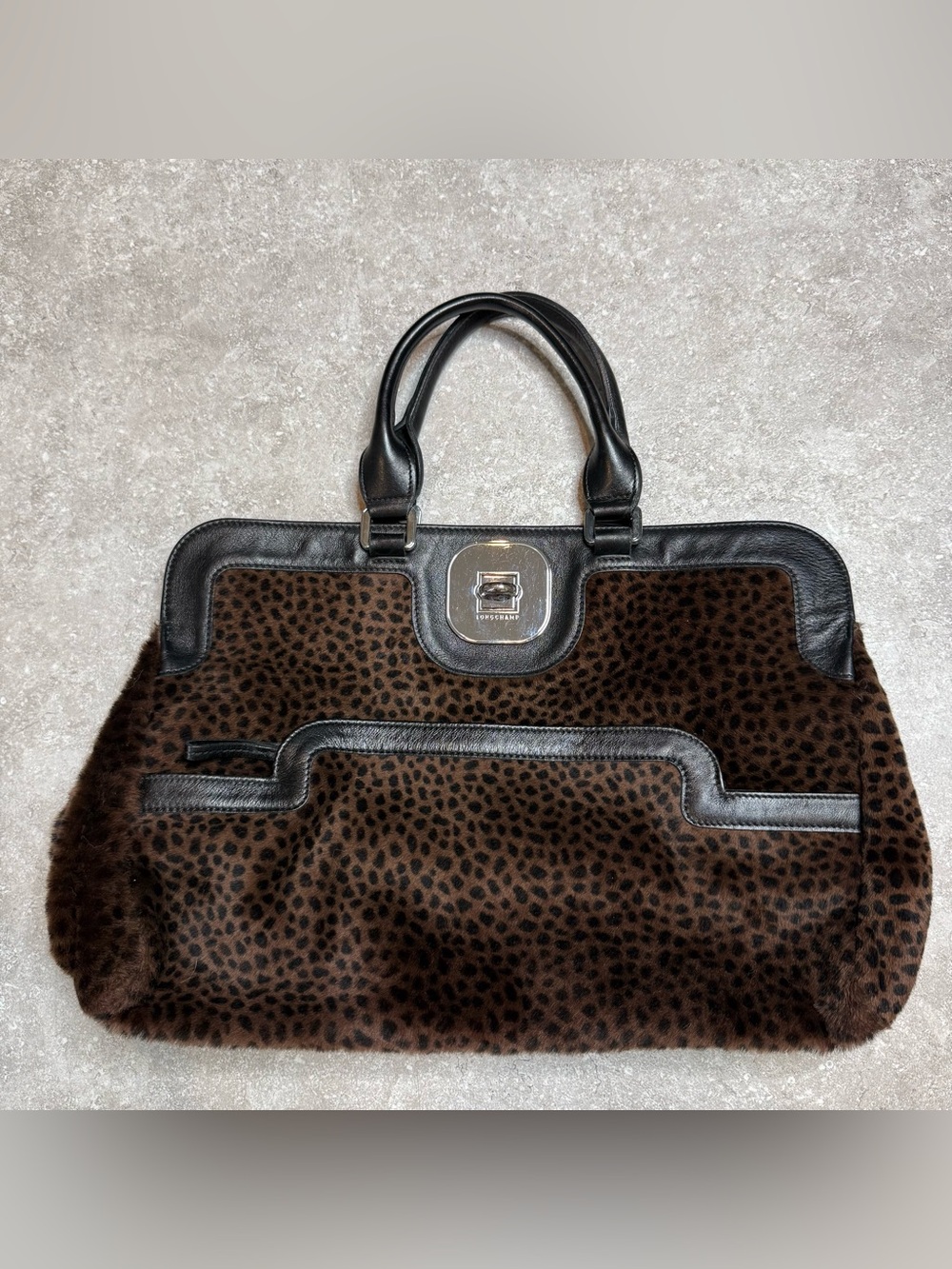 Vintage Longchamp Made in France Pony Hair Leopard Print Turn Lock Hand Bag
